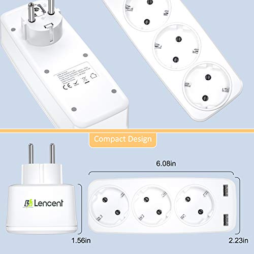 LENCENT Ladron Enchufes Schuko Enchufe Multiple 4000W, Enchufe USB de Pared con 3 Clavija Schuko y 2 USB Puertos, Adaptador Enchufe Portátil con USB, Familia, Officio e Viaje