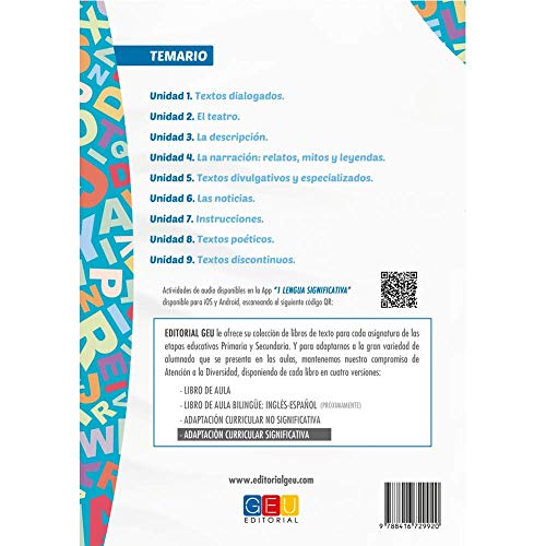 Lengua castellana y literatura - Libro de texto - 1º de la ESO - ACI significativa / Editorial GEU/ Método adaptado al alumno / Significativa de los objetivos