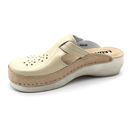 LEON PU156 Zuecos Zapatos Zapatillas de Cuero para Mujer, Beige, EU 39