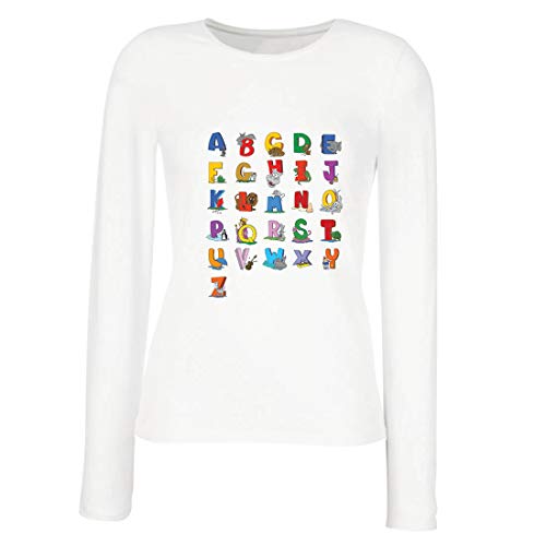 lepni.me Camisetas de Manga Larga para Mujer Alfabeto Inglés, Diseño de Canciones ABC, Aprendizaje de Letras, Regreso a la Escuela o Regalos de Graduación (Small Blanco Multicolor)