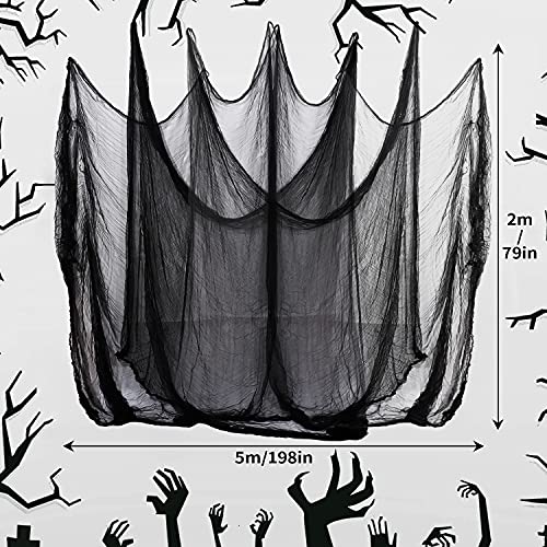 LessMo Gasa Negra de Halloween, Decoraciones de Halloween, 2x5m Pulgadas Tela Espeluznante Usado para Ventanas, Marcos De Ventanas, Aleros y Decoraciones De Puertas Negras