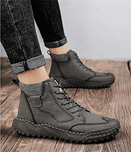 Lianshunzhao Botines Casuales Antideslizantes de Cuero de Microfibra Retro, Zapatos para Evitar colisiones con Cordones cosidos a Mano, Zapatos de Invierno para Hombres más Terciopelo (38,Gris)