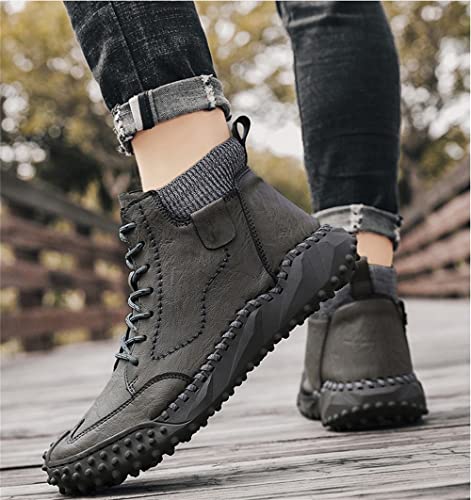 Lianshunzhao Botines Casuales Antideslizantes de Cuero de Microfibra Retro, Zapatos para Evitar colisiones con Cordones cosidos a Mano, Zapatos de Invierno para Hombres más Terciopelo (38,Gris)