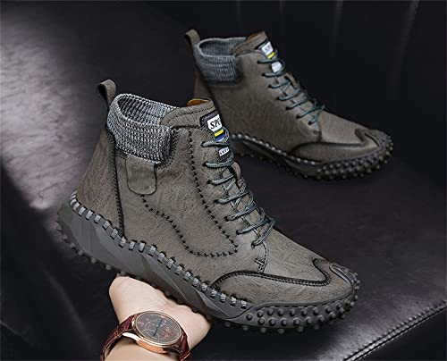 Lianshunzhao Botines Casuales Antideslizantes de Cuero de Microfibra Retro, Zapatos para Evitar colisiones con Cordones cosidos a Mano, Zapatos de Invierno para Hombres más Terciopelo (38,Gris)