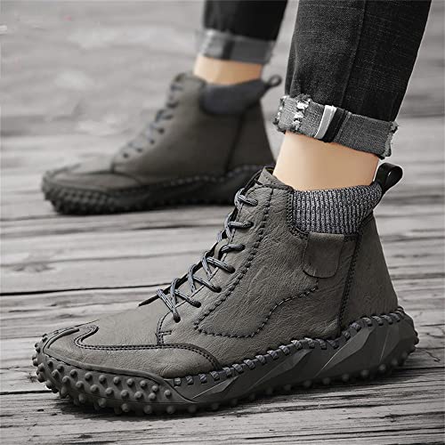 Lianshunzhao Botines Casuales Antideslizantes de Cuero de Microfibra Retro, Zapatos para Evitar colisiones con Cordones cosidos a Mano, Zapatos de Invierno para Hombres más Terciopelo (38,Gris)