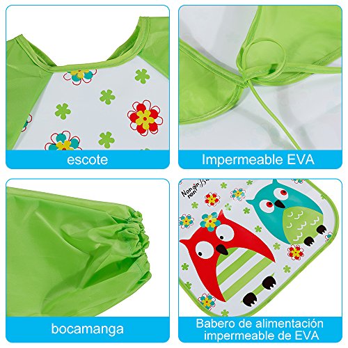 Lictin Baberos Bebe Impermeables- 3 Pcs Baberos Bebe con Mangas EVA Impermeable con Escote Ajustable, Baberos de Manga Larga para Bebes Unisex 6-36 Meses