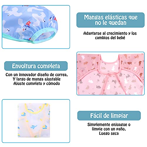 Lictin Baberos Bebe Impermeables-5 Piezas de Babero con Mangas Impermeable，Diseño de Escote Ajustable, Varios Patrones de Color Baberos Bebes, Apto para comer, beber y jugar del bebé. ( 0-24 Meses)