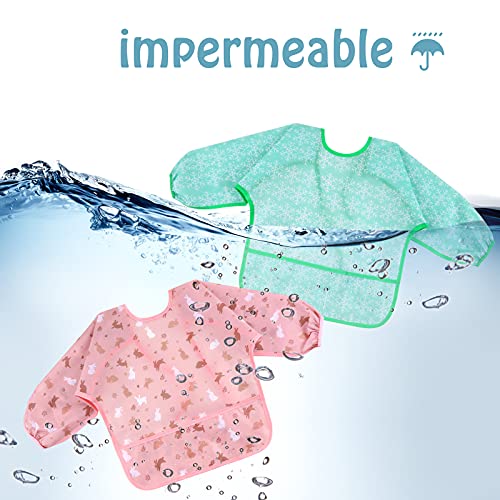 Lictin Baberos Bebe Impermeables-5 Piezas de Babero con Mangas Impermeable，Diseño de Escote Ajustable, Varios Patrones de Color Baberos Bebes, Apto para comer, beber y jugar del bebé. ( 0-24 Meses)