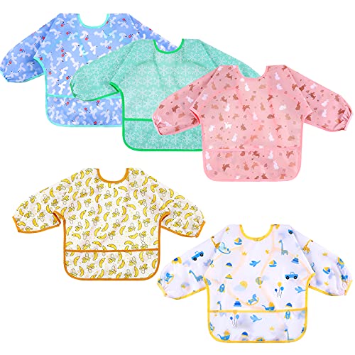 Lictin Baberos Bebe Impermeables-5 Piezas de Babero con Mangas Impermeable，Diseño de Escote Ajustable, Varios Patrones de Color Baberos Bebes, Apto para comer, beber y jugar del bebé. ( 0-24 Meses)