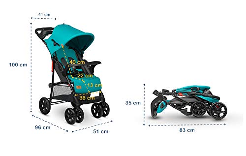 LIONELO Emma Plus Silla de paseo hasta 15 kg 6-36M Respaldo ajustable Cinturón de seguridad de 5 puntos Capucha profunda Organizador para padres Vivid Turquoise