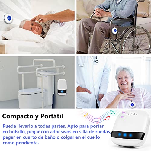 LIOTOIN Botón de Llamada de Emergencia para Ancianos, Buscapersonas Inalámbrico de Cuidador Sistema de Alarma para Pacientes Personas Mayores Hogar, 3 Transmisores y 2 Receptores