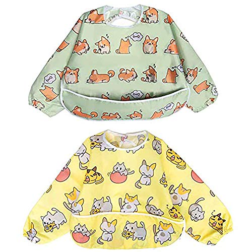 Little Dimsum® 2 Piezas Baberos Bebe Impermeables , Babero Con Mangas De Pul Laminado Suave, Transpirable y Resistente Unisexo Niños Niñas 6 Meses a 3 Años Edad