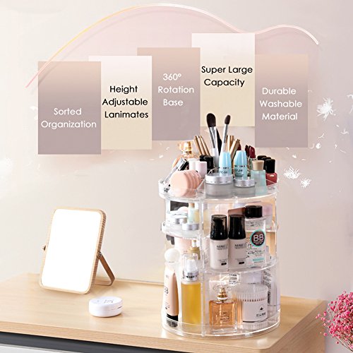 LIVEHITOP Organizador de Maquillaje 360° Giratorio, Grande Capacidad Acrilico Transparente Cosméticos Organizadores con Bolso para Dresser Baño, Regalo Para el Dia de San Valentin Mujer Niña