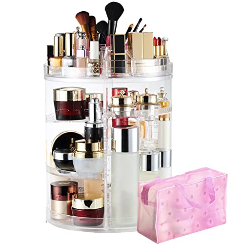 LIVEHITOP Organizador de Maquillaje 360° Giratorio, Grande Capacidad Acrilico Transparente Cosméticos Organizadores con Bolso para Dresser Baño, Regalo Para el Dia de San Valentin Mujer Niña