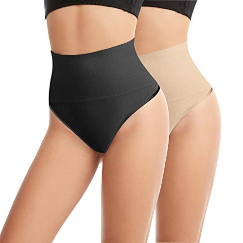 L&K-II 2 Unidades Tanga String Body Faja Modeladora Reductora sin Costuras para Mujeres 3601 Negro+Beige L/XL