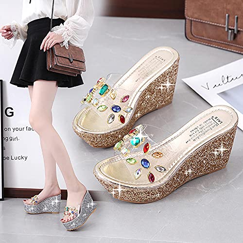 LLRR Muletas antideslizantes para interiores y exteriores, tacones altos de verano de 9 cm y sandalias transparentes de perforación de agua, plateada_UK5, suela de espuma para piscina zapatos de baño