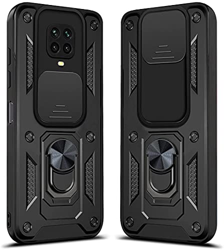 LOCLOUD Funda para Xiaomi Redmi Note 9S/9 Pro, Protección de la Cámara Carcasa con Cubierta de Cámara Deslizante y Soporte de Anill PC Dura y TPU Silicone Anti-Choque Anti-arañazos Case – Negro