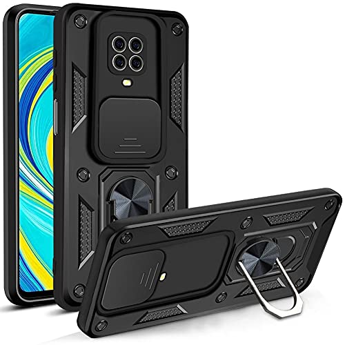 LOCLOUD Funda para Xiaomi Redmi Note 9S/9 Pro, Protección de la Cámara Carcasa con Cubierta de Cámara Deslizante y Soporte de Anill PC Dura y TPU Silicone Anti-Choque Anti-arañazos Case – Negro