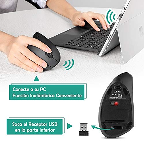 LOETAD Ratón Vertical Ergonómico Ratón Inalámbrico Silencio 2,4 G Ratón Óptico de Alta Precisión con 6 Botones para PC/Portátil/Mac