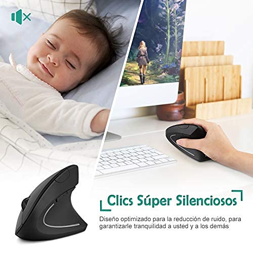 LOETAD Ratón Vertical Ergonómico Ratón Inalámbrico Silencio 2,4 G Ratón Óptico de Alta Precisión con 6 Botones para PC/Portátil/Mac