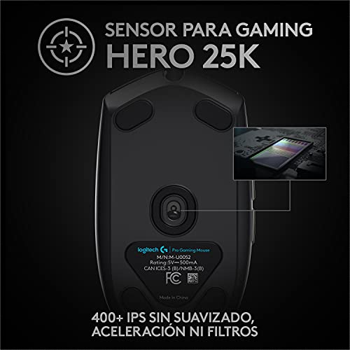 Logitech G PRO Ratón Gaming con Cable, Captor HERO 25K, 25,600 DPI, RGB, Peso Ultra Reducido, 6 Botones Programables, Memoria Integrada, PC/Mac - Negro