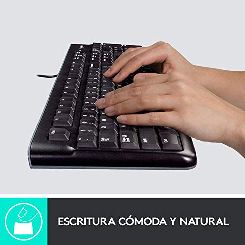 Logitech K120 Teclado con Cable para Windows, Tamaño Normal, Resistante a Líquido, Barra Espaciadora Curvada, PC/Portátil, Disposición QWERTY Español, color Negro