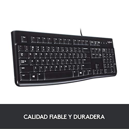 Logitech K120 Teclado con Cable para Windows, Tamaño Normal, Resistante a Líquido, Barra Espaciadora Curvada, PC/Portátil, Disposición QWERTY Español, color Negro