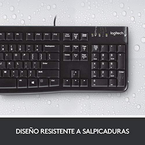 Logitech K120 Teclado con Cable para Windows, Tamaño Normal, Resistante a Líquido, Barra Espaciadora Curvada, PC/Portátil, Disposición QWERTY Español, color Negro