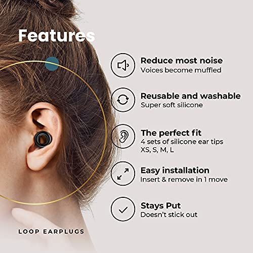 Loop Quiet - Tapones Oídos para dormir – Protección Auditiva de Silicona Suave Reutilizables + 8 Puntas para los Oidos en XS/S/M/L - Reducción Sonido 27dB - Antiruido, Estudiar - Negro