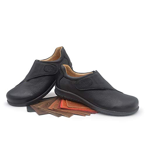 Loreta Negro 39 EU- Zapato Mujer Ancho y cómodo con Velcro - Plantilla extraíble y recambiable - Piel ecológica sin Cromo - Forrados de Piel - Piso Antideslizante - Moda sostenible