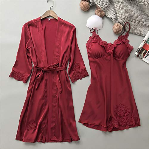 LRWEY Lencería sexy para mujer, vestido de bata de encaje de seda, babydoll camisón, conjunto de kimono