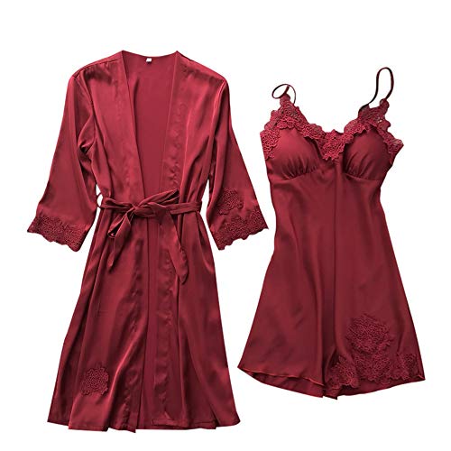 LRWEY Lencería sexy para mujer, vestido de bata de encaje de seda, babydoll camisón, conjunto de kimono