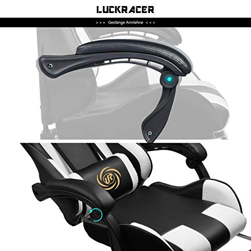 LUCKRACER Silla Gaming Escritorio con Reposapiés Oficina Cojín Lumbar para Masaje Reposabrazos de Carreras Respaldo Alto de Cuero PU