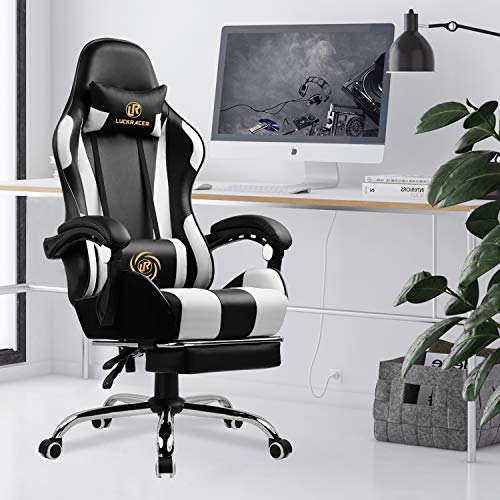 LUCKRACER Silla Gaming Escritorio con Reposapiés Oficina Cojín Lumbar para Masaje Reposabrazos de Carreras Respaldo Alto de Cuero PU