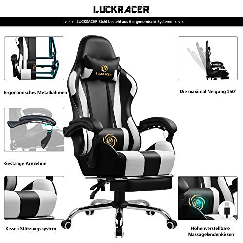 LUCKRACER Silla Gaming Escritorio con Reposapiés Oficina Cojín Lumbar para Masaje Reposabrazos de Carreras Respaldo Alto de Cuero PU