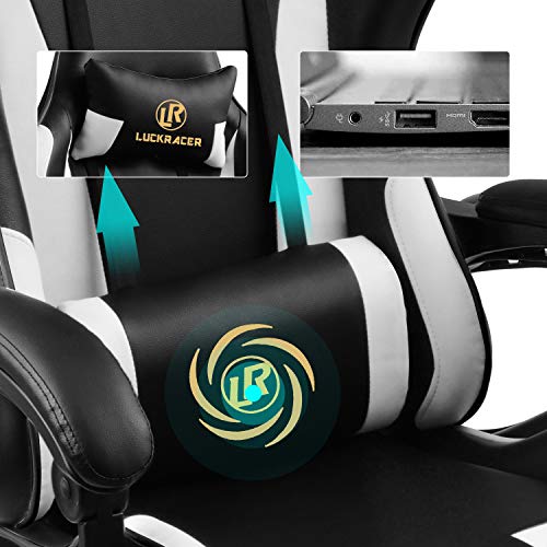 LUCKRACER Silla Gaming Escritorio con Reposapiés Oficina Cojín Lumbar para Masaje Reposabrazos de Carreras Respaldo Alto de Cuero PU