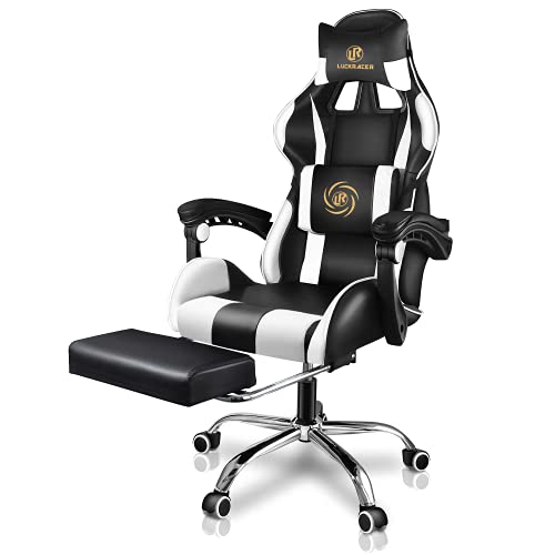 LUCKRACER Silla Gaming Escritorio con Reposapiés Oficina Cojín Lumbar para Masaje Reposabrazos de Carreras Respaldo Alto de Cuero PU