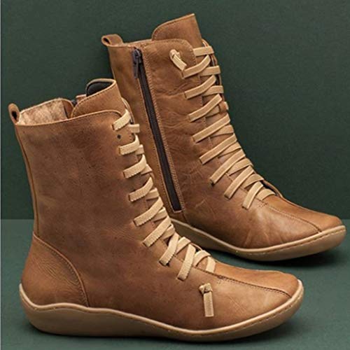 Luckycat Botines de Cuero Otoño Vintage con Cordones Zapatos de Mujer Botas cómodas de tacón Plano Cremallera Bota Alto Botas de Apoyo de Arco 2019 para Mujeres