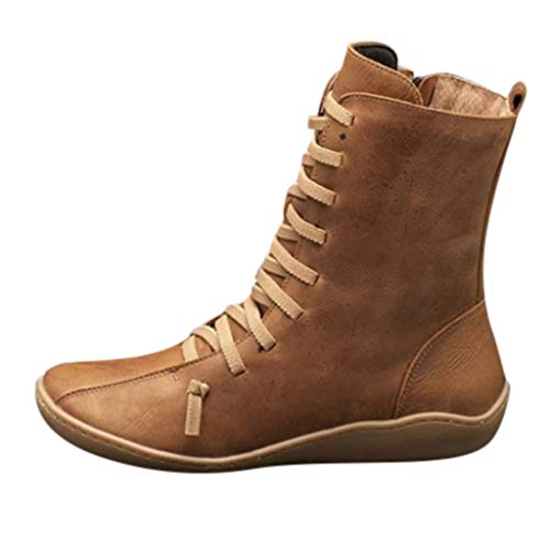 Luckycat Botines de Cuero Otoño Vintage con Cordones Zapatos de Mujer Botas cómodas de tacón Plano Cremallera Bota Alto Botas de Apoyo de Arco 2019 para Mujeres