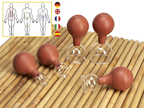 Lunata 5x Juego de Ventosas con Bola de Succión, Ø 20, Ø 30, Ø 40, Ø 50, Ø 60mm, Ventosa-Terapia anticelulitica, Masaje de ventosas profesional contra la celulitis y la tensión, ¡No apto para cara!