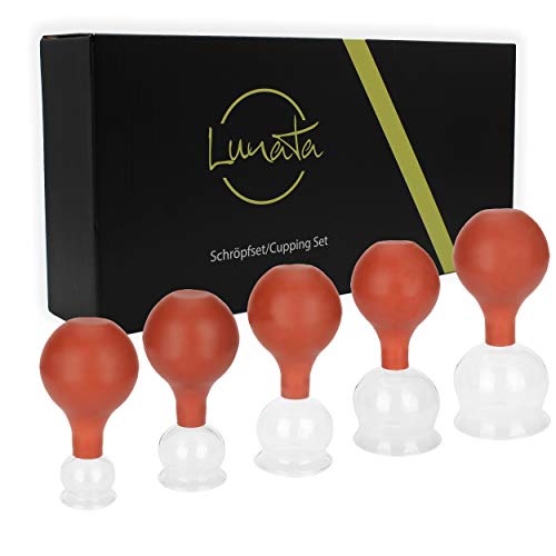 Lunata 5x Juego de Ventosas con Bola de Succión, Ø 20, Ø 30, Ø 40, Ø 50, Ø 60mm, Ventosa-Terapia anticelulitica, Masaje de ventosas profesional contra la celulitis y la tensión, ¡No apto para cara!