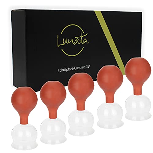 Lunata 5x Juego de Ventosas con Bola de Succión, Ø 50mm, Ventosa-Terapia anticelulitica, Masaje de ventosas profesional contra la celulitis y la tensión, ¡No apto para cara!