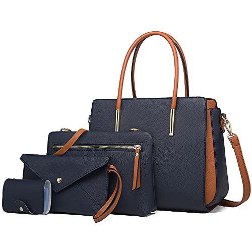 LUOWAN Bolsos de Mujer Bolso Bandolera Tote Bolso Señora Tote Grande De Hombro Bolsos PU Cuero Bolsos de mano 4pcs Set (Azul)