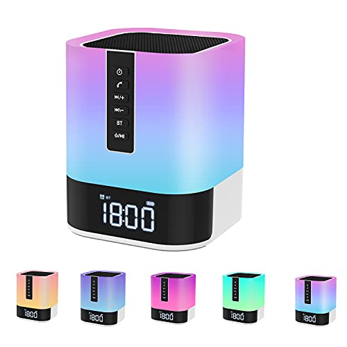 Luz Nocturna Altavoz Bluetooth,Lamparas de Mesita de Noche,Luces Despertador,Lampara de Mesa RGB Regulable Portátil Multifuncional,Reproductor MP3,Despertador Niña,Regalo Mujer Hombre Niña Niño