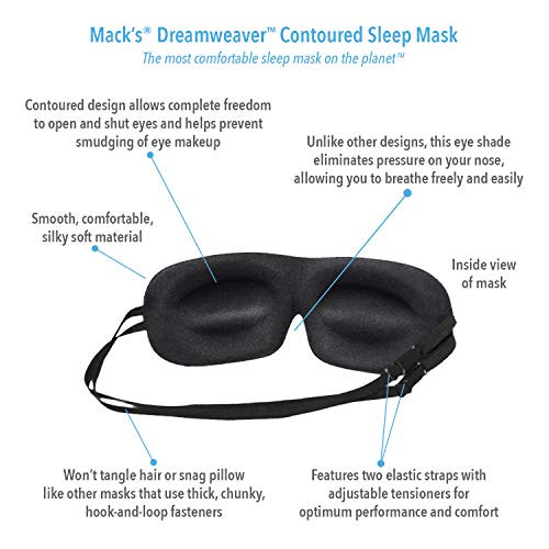 Mack's Dreamweaver - Máscara de dormir contorneada, cómoda, ajustable, doble correa con tapones para los oídos de espuma ultra suave de Mack