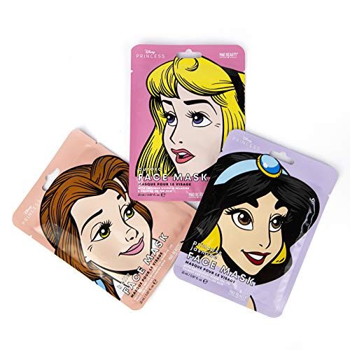 MAD Beauty Mascarilla Facial Hidratante de las Princesas Disney, Jasmine, la Bella Durmiente y Bella, 3 Unidad