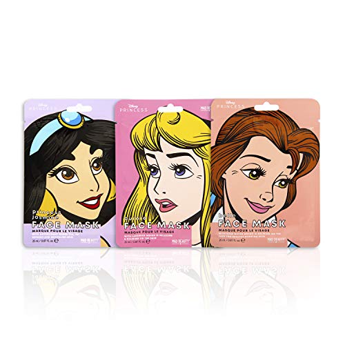 MAD Beauty Mascarilla Facial Hidratante de las Princesas Disney, Jasmine, la Bella Durmiente y Bella, 3 Unidad