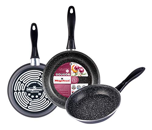 Magefesa K2 Gransasso Juego de 3 sartenes 18/20/24cm de acero vitrificado exterior gris moteado. Antiadherente bicapa reforzado efecto piedra, aptas para todo tipo de cocinas, especial inducción