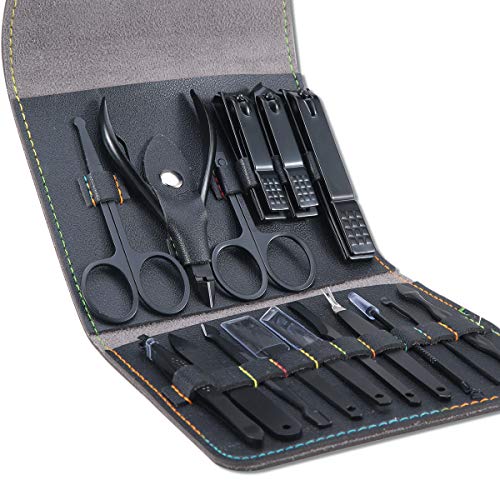 Manicura Pedicura Set 16 PCS Profesional Cortaúñas Acero Inoxidable Grooming Kit - Con Estuche De Viaje De Cuero Lujoso（Negro）