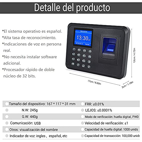 Máquina de Asistencia,Máquina Fichar de Asistencia Biométrica de Huella Dactilar con Sistema Española Pantalla LCD,Capacidad de 100.000 Registros,2.4 Pulgadas,con 8G Disco U